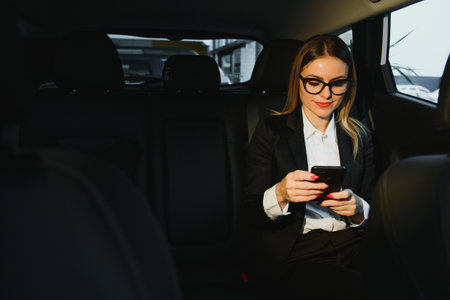 Some sort of interesting information. Smart businesswoman sits at backseat of the luxury car with black interior.の写真素材