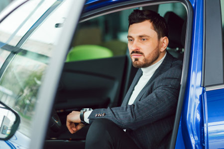 Handsome bearded businessman is sitting in a new car in car dealership