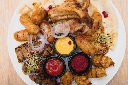 top view. grilled dishes on the tableの写真素材