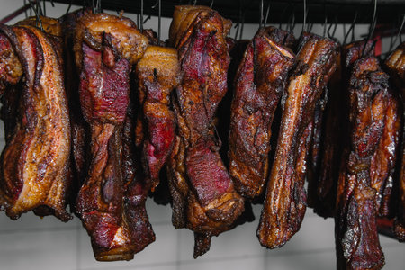 Smoked traditional smoked meat. A composition of smoked cold cuts on a black backgroundの写真素材