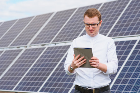 solar panels and blue sky.Man standing near solar panels. Solar panel produces green,...