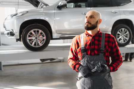 Mechanic working and holding wrench of service order for maintaining car at the repair shopの写真素材