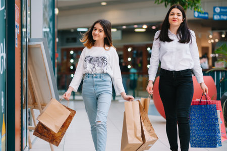 Beautiful young mom and teenage daughter are holding shopping bags, shopping in mall. family shopping.の写真素材