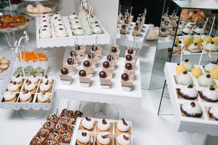 Different fruit desserts with fruits in glasses on the table. Restaurant presentation, food, party concept.の写真素材