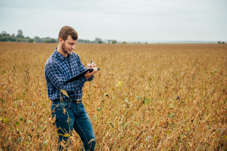 handsome agronomist holds tablet touch pad computer in the soy field and examining crops before...