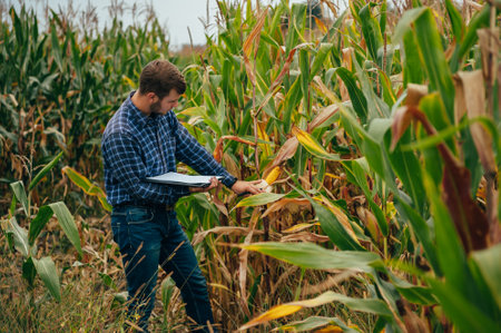 handsome agronomist holds tablet touch pad computer in the corn field and examining crops before harvesting. Agribusiness concept. agricultural engineer standing in a corn field with a tablet.の写真素材