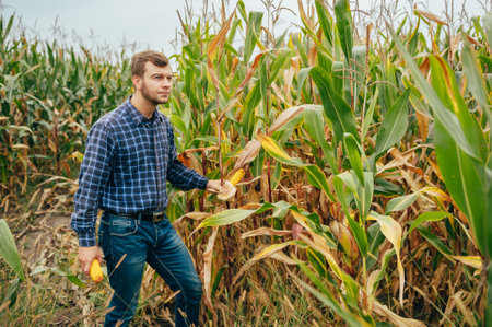 handsome agronomist holds tablet touch pad computer in the corn field and examining crops before...