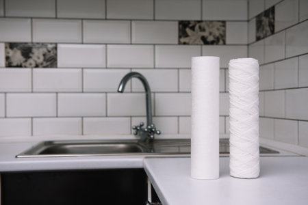 water filters. Carbon cartridges and a glass on a white kitchen background. Household filtration system.の写真素材