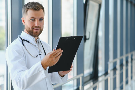Portrait of handsome male doctor wearing white coat standing In hospital corridorの写真素材