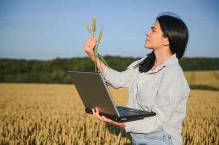 A woman businessman with a laptop in her hands works in a wheat field, communicates and checks the harvest. woman farmer at sunset with computer. girl agronomist works. agricultural business conceptの写真素材