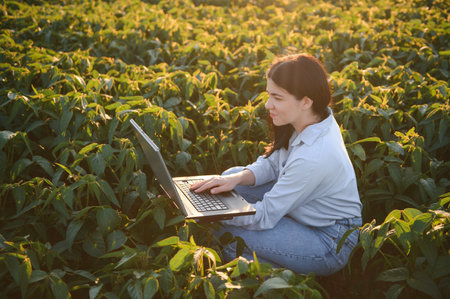 A beautiful female farmer or agronomist inspects soybeans in the field at sunset. The concept of...