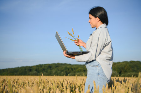 Woman farmer in a wheat field at sunsetの写真素材