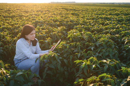 Female farmer or agronomist examining green soybean plants in the field.の写真素材
