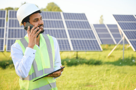 Portrait of Young indian male engineer standing near solar panels, with clear blue sky background,...
