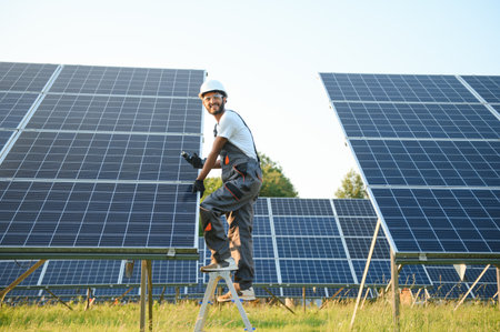Male arabian engineer in helmet and brown overalls checking resistance in solar panels outdoors. Indian man working on stationの写真素材