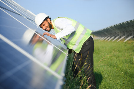Portrait of Young indian man technician wearing white hard hat standing near solar panels against...