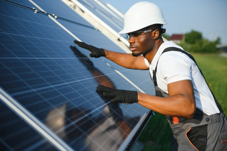 Portrait of african american electrician engineer in safety helmet and uniform installing solar panelsの写真素材