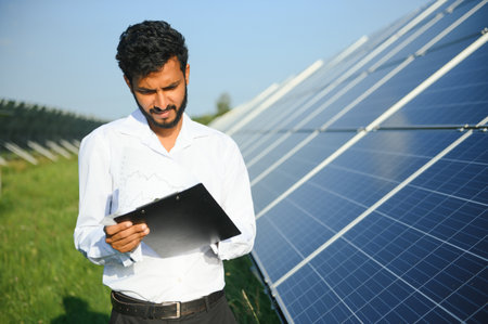 Portrait of Young indian male engineer standing near solar panels, with clear blue sky background, Renewable and clean energy. skill india, copy spaceの写真素材