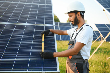 Male arab engineer standing on field with rows of solar panelsの写真素材