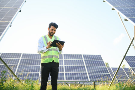 Young male engineer with tablet in hand standing near solar panels, agriculture land with clear blue sky background, Renewable energy, clean energyの写真素材