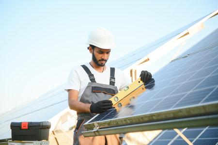 Male arabian engineer in helmet and brown overalls checking resistance in solar panels outdoors. Indian man working on stationの写真素材
