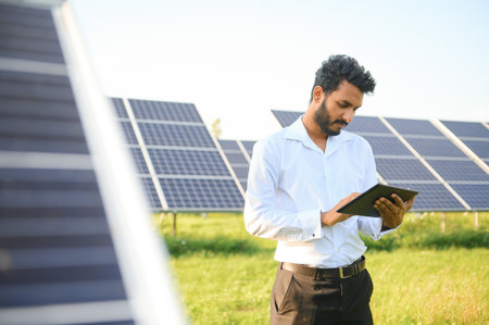 Portrait young indian technician or manager wearing formal cloths standing with solar panel....