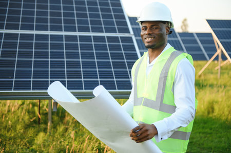 African american technician check the maintenance of the solar panels. Black man engineer at solar stationの写真素材