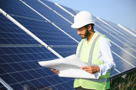 Portrait young indian technician or manager wearing formal cloths standing with solar panel....