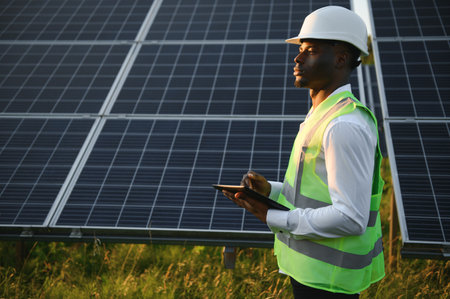Close up portrait of handsome young African American craftsman a protective helmet. Happy man in overalls posing at camera smiling. slow motionの写真素材