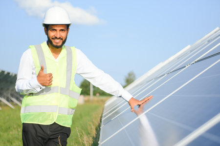 An Indian male engineer in a green vest is working on a field of solar panels. The concept of renewable energyの写真素材