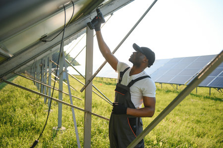 Portrait of african american electrician engineer in safety helmet and uniform installing solar...