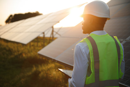 African american technician check the maintenance of the solar panels. Black man engineer at solar stationの写真素材