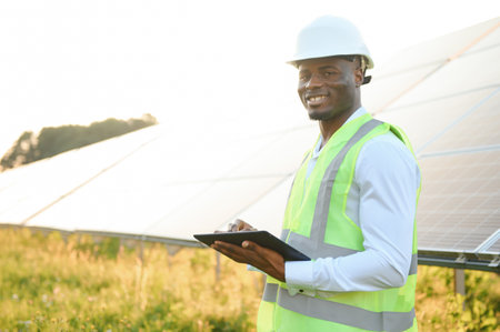 Photovoltaic Green Energy Technology. Worker At Solar Panel Plant.の写真素材