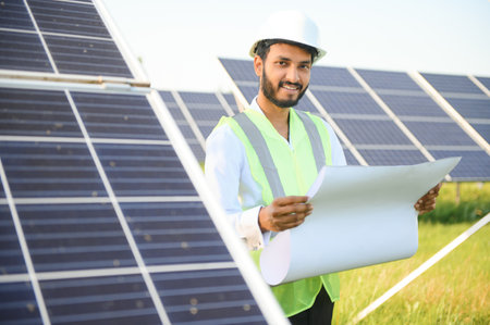Portrait of Young indian male engineer standing near solar panels, with clear blue sky background, Renewable and clean energy. skill india, copy spaceの写真素材