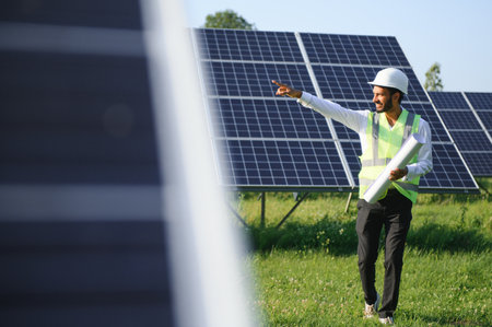 Portrait of Young indian man technician wearing white hard hat standing near solar panels against blue sky.Industrial worker solar system installation, renewable green energy generation conceptの写真素材