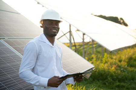 Young African American engineer in a field of solar panelsの写真素材