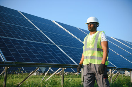 African american man in white helmet and gray overalls standing among rows of solar panels.