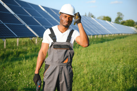 Portrait of african american electrician engineer in safety helmet and uniform installing solar panelsの写真素材