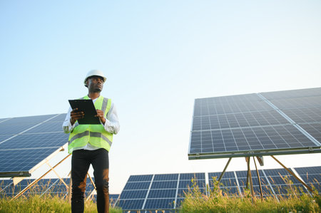 Young African American engineer in a field of solar panels