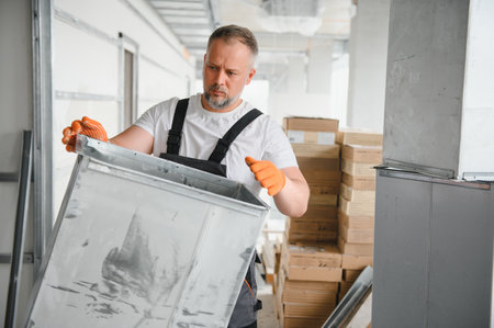 man repairman. Master near ventilation pipes. Installation of ventilation for buildings. Man...
