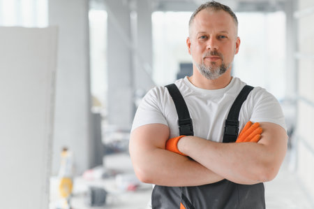 Portrait of a builder in the process of working on a construction site indoors.の写真素材