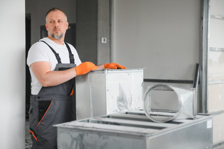 man repairman. Master near ventilation pipes. Installation of ventilation for buildings. Man repairman with back to camera. metal pipes ventilationの写真素材