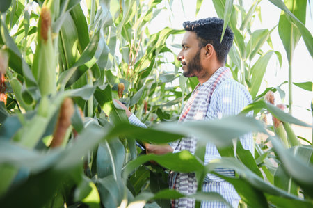 young indian farmer or agronomist at corn field. The concept of agricultureの写真素材