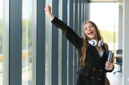 Schoolgirl standing with books and backpack at schoolの写真素材