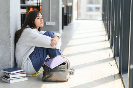 Asian young girl student sitting alone with sad feeling at school.の写真素材