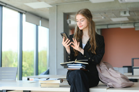 Schoolgirl standing with books and backpack at schoolの写真素材