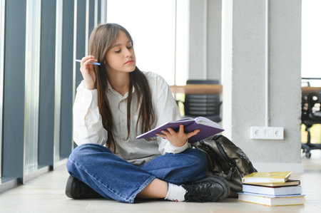 Girl smiling. Beautiful schoolgirl smiling while sitting near window and reading book.の写真素材