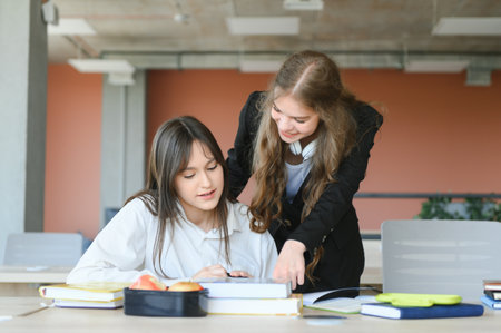 Two schoolgirl friends study together. They sit at their desks and perform tasksの写真素材
