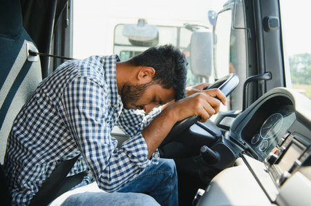 Exhausted truck driver falling asleep on steering wheel. Tiredness and sleeping concept.の写真素材