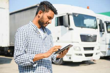 Logistics, delivery car and man with clipboard paperwork or checklist for stock, product distribution or shipping info. Supply chain industry, courier service and happy van or truck driver working.の写真素材